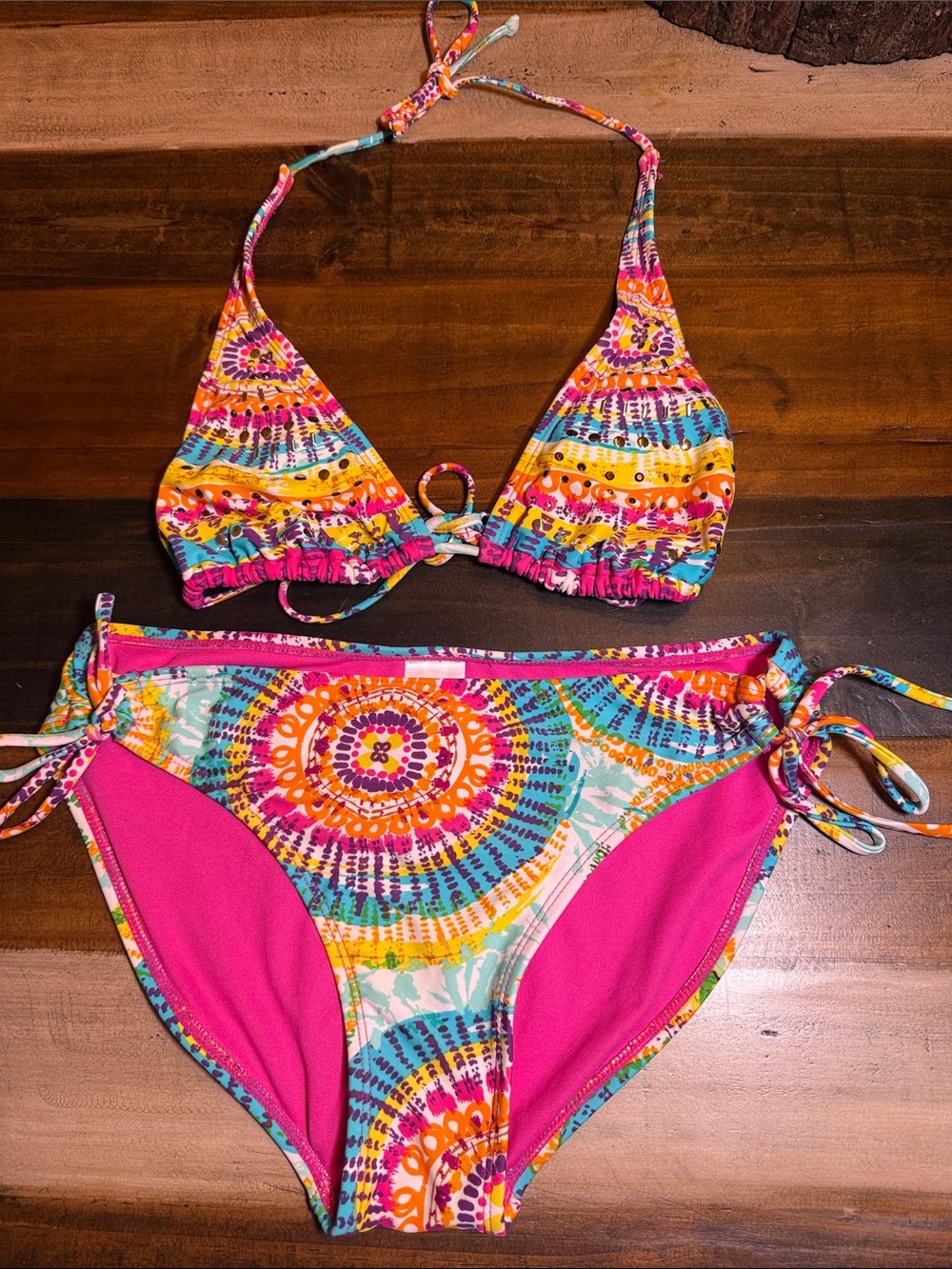 Xhilaration Colorful Tie-Dye Print Bikini Set with Hot Pink Accents